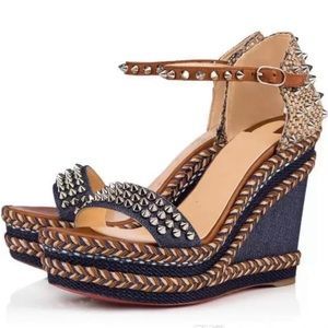 NWT Christian Louboutin Madmonica 120 Denim/Calf wedge with spikes! 41/Size 10